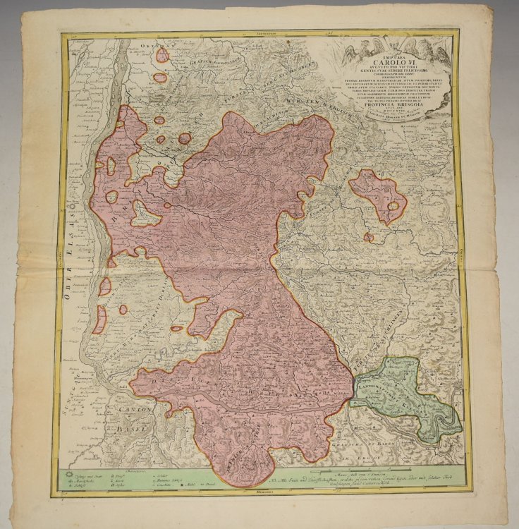 IMP.CAES. CAROLO VI. . PROVINCIA BRISGOIA . Original Engraved Map of the Schwarzwald region in southwest Germany between Basel, Lahr, Rottweil and Schaffhausen with decrative cartouche. Imp. Caes. Carolo VI. Augusto Pio Victori Gentis suae Sideri Felicissimo Chorographiam Hanc Exhibentem Primar. Reg