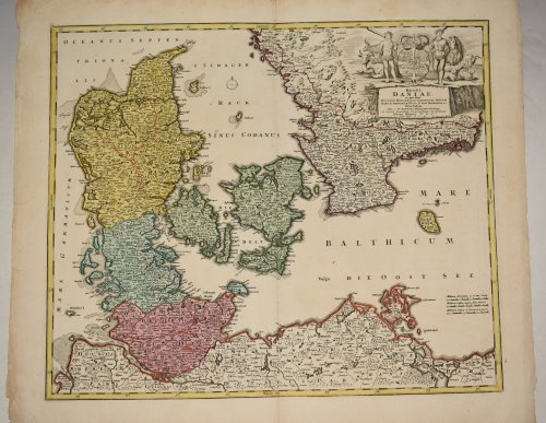 Original Engraved Antique Map of The Regni Daniae Ducatus Holsatia Et Slesvicum, Insulae Danicae, Provinciae Iutia Scania Blekingia Nova tabula edita a Io. Baptista Homanno Noribergae et aucta secundum Geographiam novissimam Iohann Hubneri.