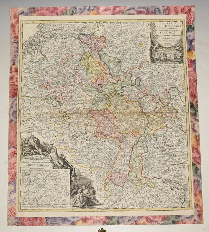 Original Engraved Antique Map of War theatre at the river Rhine and Mosel. Theatrum Belli Rhenani Auspicatis Militiae Primitus Potentissimi Roman. et Hunga Regis Iosephi I. PII Felicis Augusti Landavio Gloriose Expugnato Apertum io. Septemb. Anno MDCCII Nova Tabula repraesentatu á Ioan. Bapti