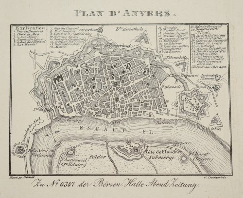 Plan d'anvers Zu No 6347 der Börsen Halle Abendzeitung Map of the city of Antwerp with the citadel