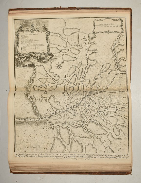 Original Copper Engraved View of Plan of the Encampment of the Allies at Prats del Ray under the command of Count Staremberg; and of ie enemy under the Duke of Vendosme; where ye two armies lay from ye 17th of Septembr. to ye 25th of Decembr. 1711. NS. when ye Enemy decamped, and ye Allies the 27th.
