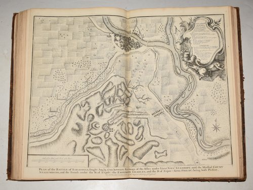Original Copper Engraved View of Plan of the BATTLE OF SARAGOSSA Fought Aug 9th 1710 between the troops of the Allies under Lieut't Gen'l Stanhope and the Marshal Count Starenberg,and the French under the D. of Anjou:the Emperour Charles, and the D of Anjou (King Philip) being both present.