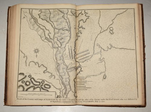Original Copper Engraved View of the Plan of the Country and Camps of Almanar, the one under Charles III and the other of the Enemy under the D. of Anjou, who was defeated by 16 Squadrons, commanded by Lieut. Genl. Stanhope, July 27, 1710.