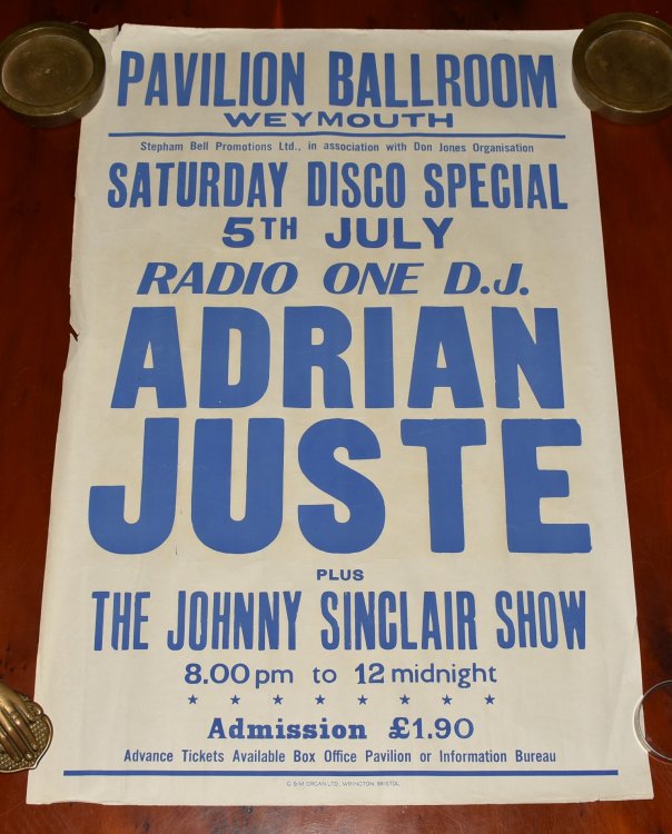 ORIGINAL POSTER. Disco Special Radio One D.J Adrian Juste Plus The Johnny Sinclair Show at The Pavilion Theatre Weymouth 5th July