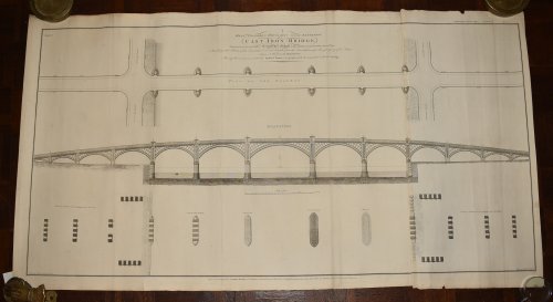 Messrs Telford and Douglas’s General Elevation of a Cast Iron Bridge to be Erected near St. Saviour’s Church, Plate Number X. . In the situation expressed in their general plan. Also horizontal sections through the piers taken at several heights from the foundations to the springing of t