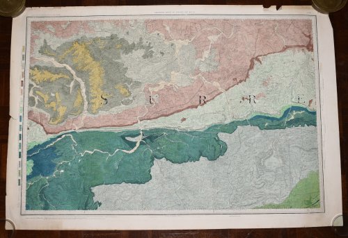 Large Hand Coloured Geological Ordnance Survey MAP SHEET 8 Guildford SURREY Geological Survey of England & Wales Scale 1 inch to 1 mile.