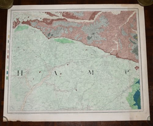 Large Hand Coloured Geological Ordnance Survey MAP SHEET 12 Basingstoke Hampshire Geological Survey of England & Wales Scale 1 inch to 1 mile.