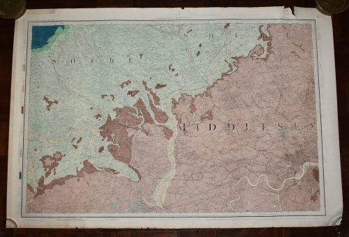 Large Hand Coloured Geological Ordnance Survey MAP SHEET 7 LONDON including River Thames Middlesex Geological Survey of England & Wales Scale 1 inch to 1 mile.