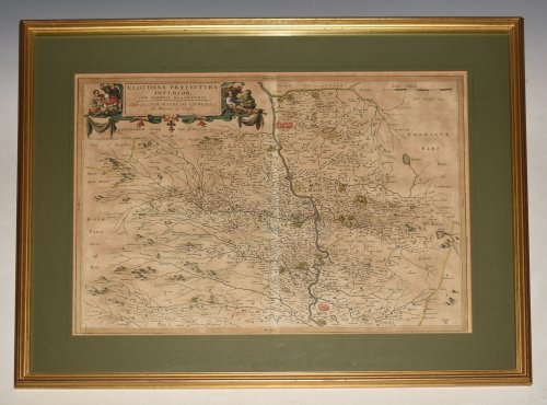 Glottiana Præfectura Inferior, cum Baronia Glascvensi. The Nether Warde of Clyds-Dale, and Baronie of Glasco. Original Antique Hand Coloured Engraved Map. 17th century map of Lower Clydesdale, now part of South Lanarkshire, with elaborate cartouches for title and scale.