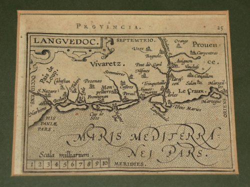 Two ORIGINAL ENGRAVED MAPS OF Provincia & Languedoc. A fine miniature map from “Epitome Theatri Ortelliani” PLATE NUMBER 25 & 26 Languedoc Midi-Pyrenees Occitanie France Map