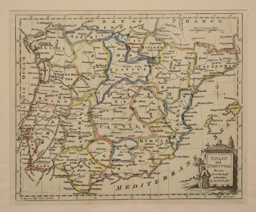 "Spain and Portugal." Antique Engraved Hand-Coloured Map. Drawn from the best Authorities