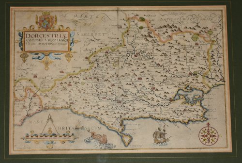 Original Antique Hand-Coloured Engraved Map of Dorsetshire. DORCESTRIAE. Comitatis Vulgo Dorsett Vbi olim Dvrotriges Insederunt. Illustration from Camden’s Britannia.