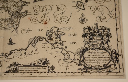 LARGE Antique Map of Denmark Regni Daniae, Accuratissima delineatio. Nobilißimo Amplißimo, consultißimoque viro D. Gerardo Schaep. I.V.D. Inclyti et Celeberrimi Amsterodamensium Emporii consuli ac Senatori: et ad Serenißimos Sueciæ Daniæq, Reges Legato Dignissimo,