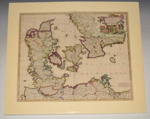 LARGE Historical map of Denmark with surroundings Dania Regnum. Dania Regnum In quo sunt Ducatus Holsatia et Slesvicum Insulae Danicae et Provinciae Iutia Scania Blekingia et Hallandia. Dania Regnum, early old coloured antique map of Denmark and the southern parts of Sweden and Norway.