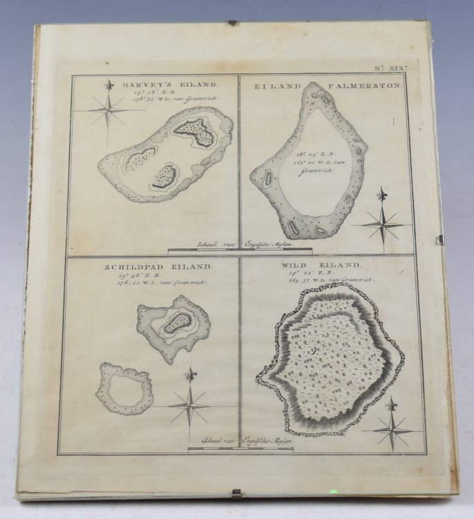 Antique map Oceania titled 'Harvey's Eiland. ANTIQUE MAP OF HARVEY ISLAND AND SURROUNDING ISLANDS. Originates from 'Reizen Rondom de Waereld door James Cook.