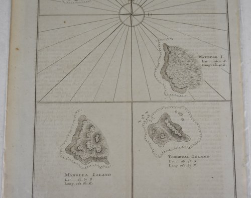 Antique map South Pacific Islands. Wanooaette Island, Wateeoo Island, Mangeea Island & Toobouai Island (Polynesia).