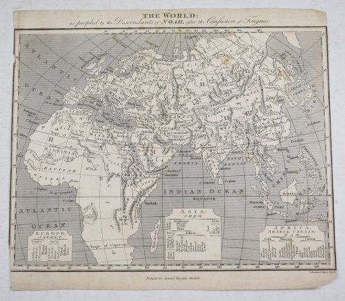 ANTIQUE MAP of The World as People'd by the Descendants of Noah after the Confusion of Tongues.