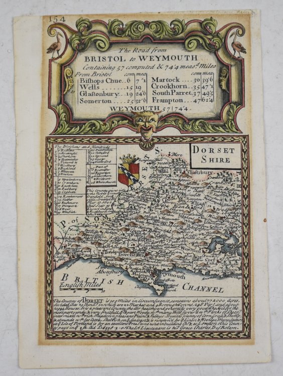 Original Engraved Antique Map of Dorsetshire. Map of Dorset on one side and road map from Gloucester to Worcester on reverse.