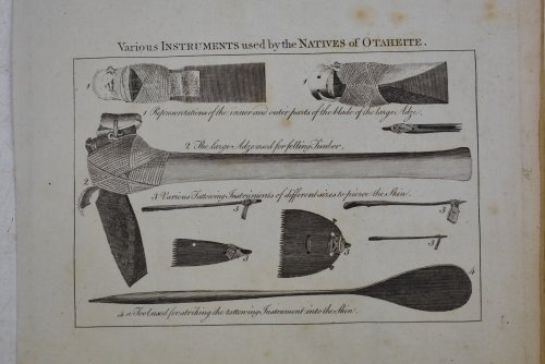 Various Instruments used by the Natives of Ohaheite. Double Page Antique Engraving Showing Various Tools Axe, Tattoo Needle, Scrapers, Tahiti, Tahitian Tools, Instruments & Flute - Cook