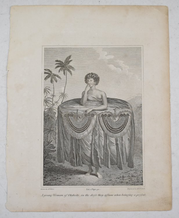 Engraved Plate of A Young Woman of Otaheite, in the dress they assume when bringing a Present. From the official account of Cook's third voyage.