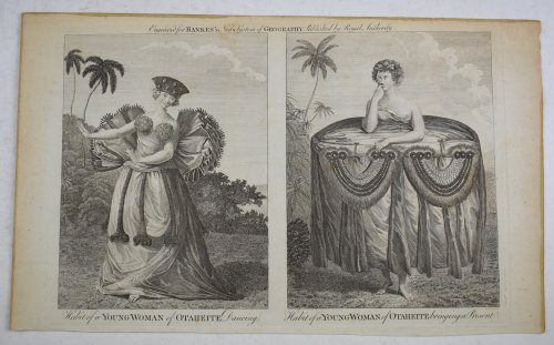 Double Page Antique Engraving Showing Habit of A Young Woman of Otaheite, bringing a Present & Habit of A Young Woman of Otaheite Dancing. Thomas Bankes