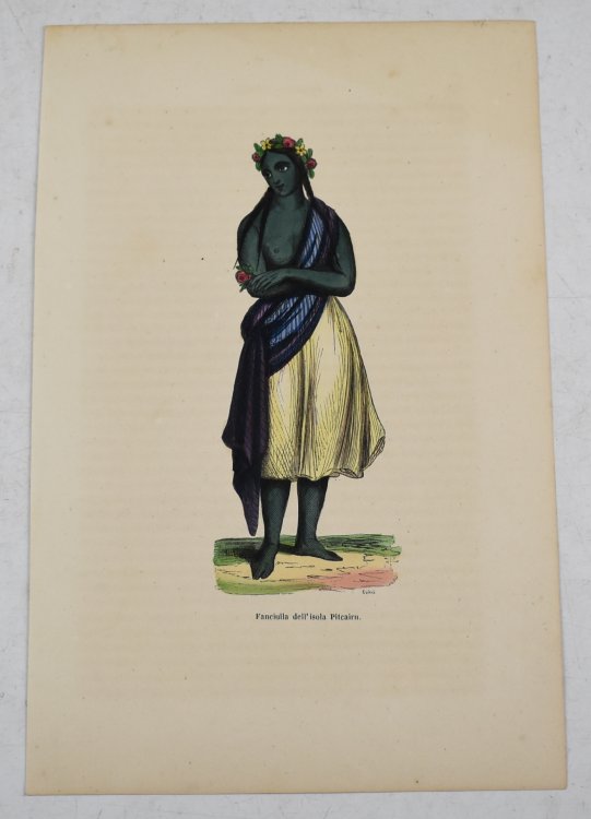 ORIGINAL Hand Coloured Engraving of Tahitian girl of Pitcairn Island, South Pacific Ocean. Fanciulla dell'isola Pitcairn From Usages et Costumes de tous les Peuples du Monde, (Manners, Customs and Costumes of all the People of the World)