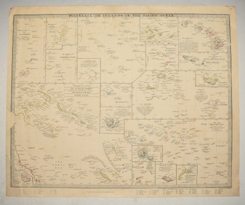Antique map of Polynesia or Islands in the Pacific Ocean. Inset maps of Mariana or Ladrones; Pelew or Palaos; Gilbert Ids. Kingsmill or Scarborough Range; Marshall; Otdia or Romanzoff group; Galapagos; Marquesas Is. or Mendana Archd.; Hawaii Archipelago or Sandwich; Samoa or Navigator; Admiralty Isl