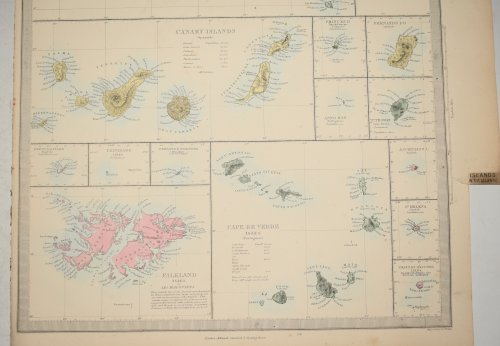 Antique map of Islands in the Atlantic. Inset maps of Azores or Western Isles, Faeroe Isles, Madeira Isles, Canary Islands, Prince's Island (Ilha do Principe), Anno Bon, Fernando Po, St Thomas, Santo Thomé, Bermuda Isles, Trinidade Isles, Fernando Noronha, Falkland Isles or Les Malouines