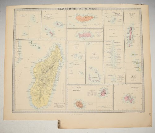 Antique map of Islands of the Indian Ocean. Inset maps of Indian Ocean, Madagascar, Amirantes, Seychelles, Socotra, Rodrigue, Chagos, Keeling Isles, Mauritius, Bourbon, Reunion, Lakadives, Maldives, Kerguelen, Andaman Isles,Ã Nicobar Islands.