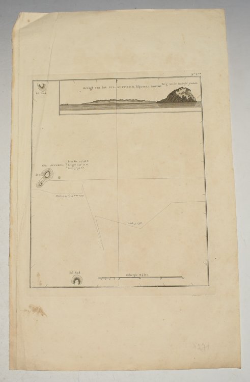 Antique Map of Suffren Island by Cook FRENCH TEXT Antique map Australia titled 'Gezigt van het Eil. Suffren'. Antique map of Suffren Island. Originates from 'Reizen Rondom de Waereld door James Cook