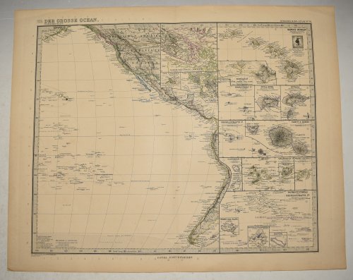 Antique Map of Der Grosse Ocean. MAP Pacific Ocean North & South American Pacific Islands GERMAN TEXT. Hand Atlas Uber Alle Theile Der Erde Und Uber Das Weltgebaude. Herausgegeben Von Adolf Stieler. Gotha Justus Perthes.