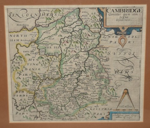Original Hand Coloured Engraved Map of Cambridge comitatus quem olim iceni insederunt.
