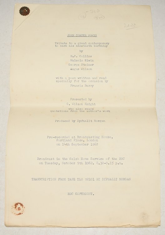 ORIGINAL Typed Transcription From RADIO TALK 1962 John Cowper Powys