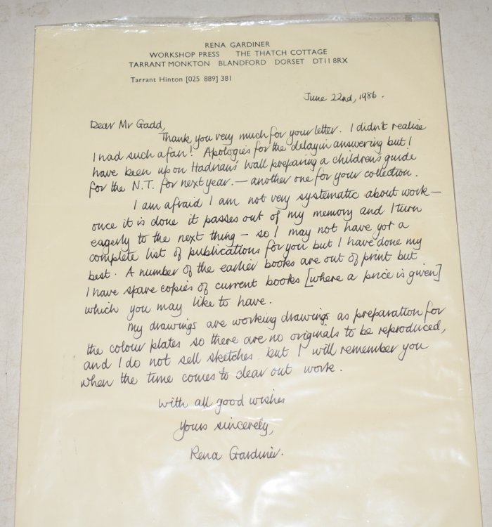Hand-written letter by Rena Gardiner replying TO Mr Gadd. SIGNED June 22nd 1986 Includes original typed lettered from Mr Gadd
