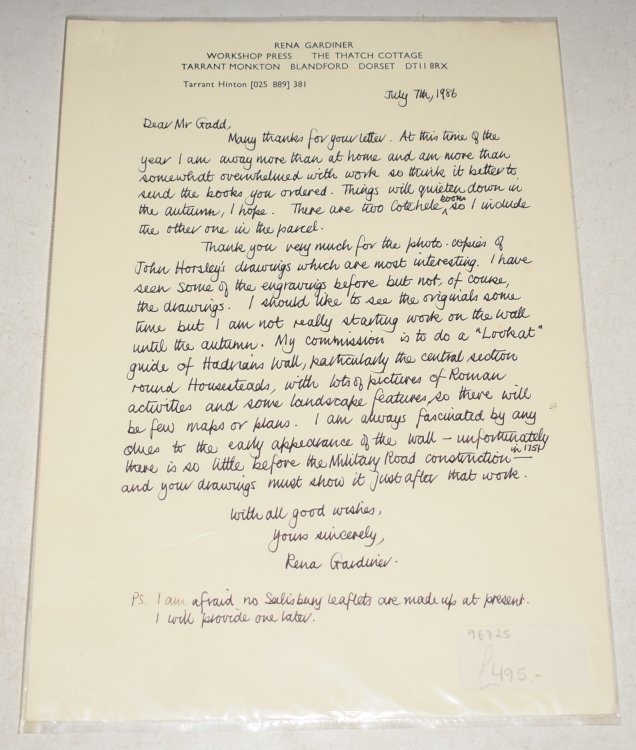 Hand-written letter by Rena Gardiner replying TO Mr Gadd. SIGNED July 7th 1986 Includes photocopy of hand written letter from Mr Gadd