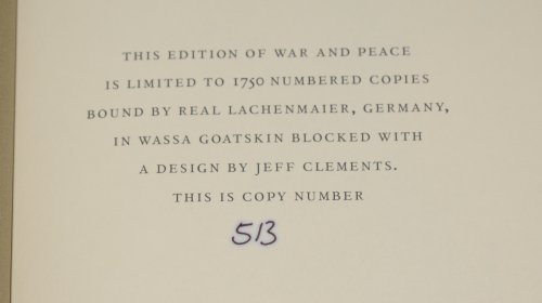 War and Peace. Translation and introduction by Rosemary Edmonds. Limited Leather Edition. Limited to 1750 Numbered 513. Cased.