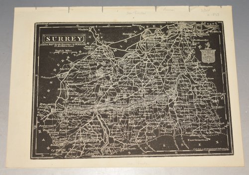 Original Antique Map of Surrey. Drawn and engraved by J. Archer. “Negative” Style “Black-Map” of Surrey.
