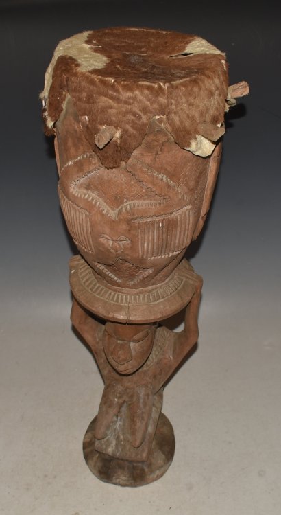AN AFRICAN PEG DRUM WITH FIGURAL SUPPORT. Authentic Tribal Mask