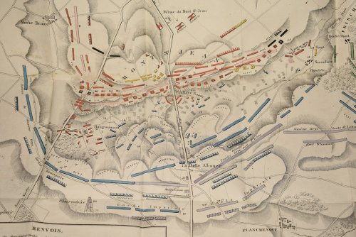 Engraved Map: Plan de la Bataille de Waterloo, ou Mont de Jean, Juin 1815. Folding Engraved Map, Hand Coloured. Plan of the Battle of Waterloo.
