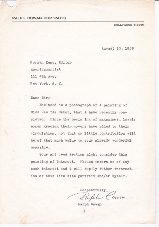 TYPED LETTER SOLICITING AN ARTICLE IN AMERICAN ARTIST MAGAZINE SIGNED BY RALPH WOLFE COWAN, PAINTER OF A MAR-A-LAGO PORTRAIT OF DONALD TRUMP.