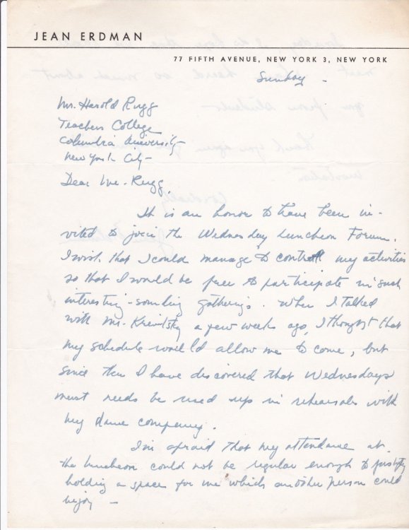 AUTOGRAPH LETTER TO EDUCATOR HAROLD RUGG SIGNED BY MODERN DANCE CHOREOGRAPHER AND AVANT-GARDE THEATER DIRECTOR JEAN ERDMAN.