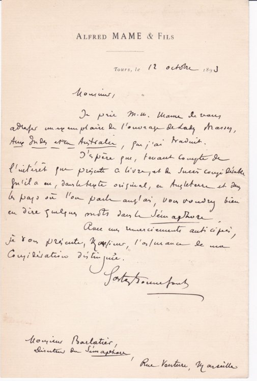 AUTOGRAPH LETTER TO PAUL BARLATIER ABOUT AUTHOR GASTON BONNEFONT'S FRENCH TRANSLATION 