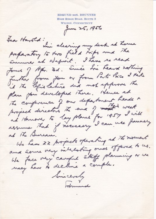 AUTOGRAPH LETTER ABOUT A PUERTO RICAN PROJECT SIGNED BY EDMUND DE SCHWINITZ BRUNNER, FORMER DIRECTOR OF RURAL INVESTIGATIONS OF THE INSTITUTE FOR SOCIAL AND RELIGIOUS RESEARCH.