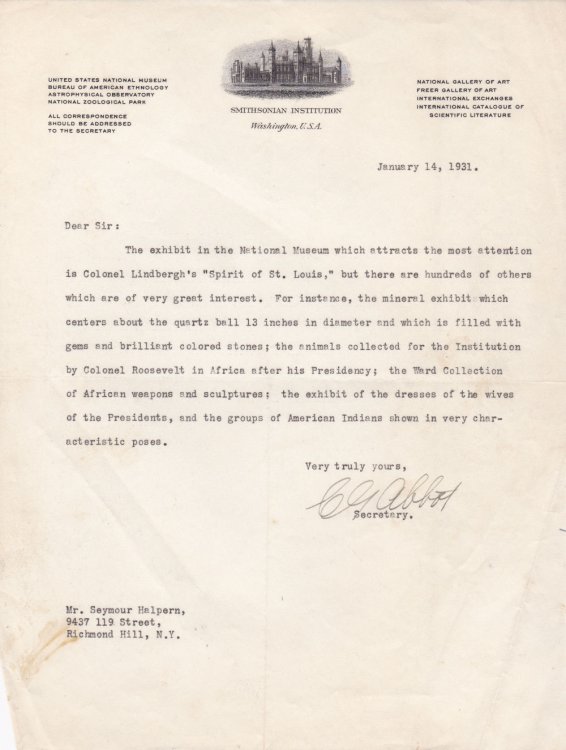 TYPED LETTER TO FUTURE CONGRESSMAN SEYMOUR HALPERN SIGNED BY AMERICAN ASTROPHYSICIST AND SECRETARY OF THE SMITHSONIAN INSTITUTION CHARLES GREELEY ABBOT.
