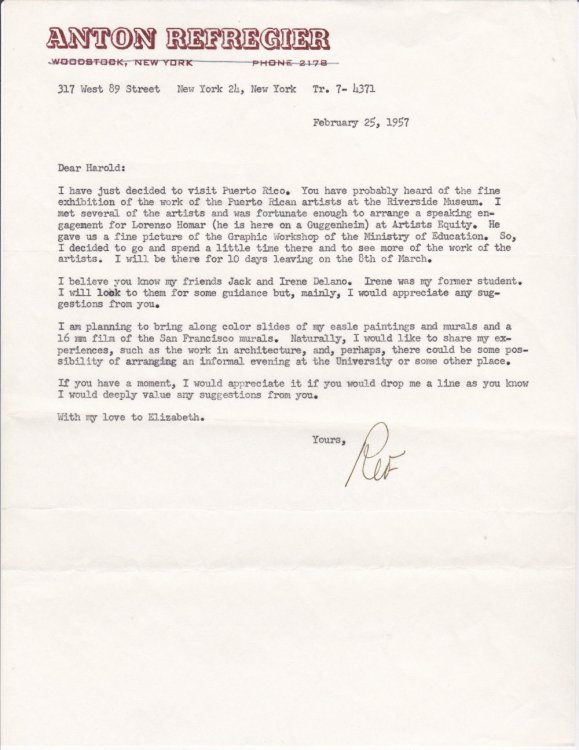 TYPED LETTER TO EDUCATOR HAROLD RUGG SIGNED BY RUSSIAN AMERICAN PAINTER AND MURALIST ANTON REFREGIER.