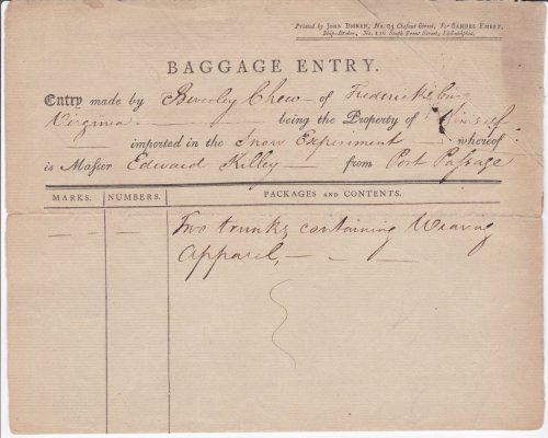 PARTIALLY PRINTED DOCUMENT: A BAGGAGE ENTRY DECLARATION SIGNED 3 TIMES by the powerful New Orleans businessman BEVERLY CHEW, importing 2 trunks purportedly containing personal 