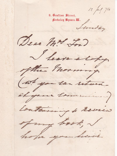 AUTOGRAPH LETTER SIGNED BY GENERAL SIR FREDERICK WILLIAM HAMILTON, COMMANDER OF THE BRIGADE OF GUARDS FROM 1868 to 1870, SENDING A REVIEW OF HIS BOOK ON THE GRENADIER GUARDS.