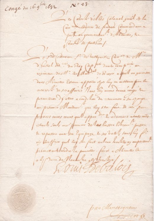 HOLOGRAPH DOCUMENT SIGNED by LOUIS DE VALOIS, Colonel-General of the Cavalry, granting permission for an individual to take leave.