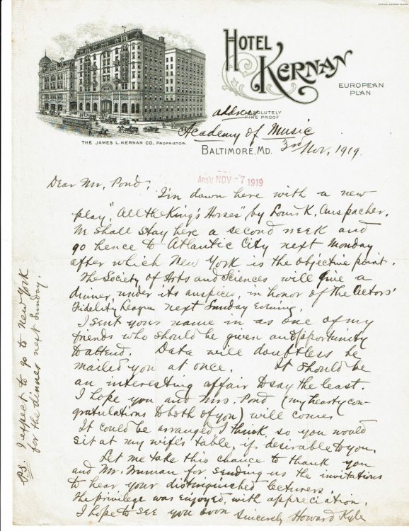 AUTOGRAPH LETTER SIGNED BY AMERICAN STAGE AND SCREEN ACTOR HOWARD KYLE INVITING J. B. AND MRS. POND TO ATTEND A DINNER HONORING THE ACTORS' FIDELITY LEAGUE.