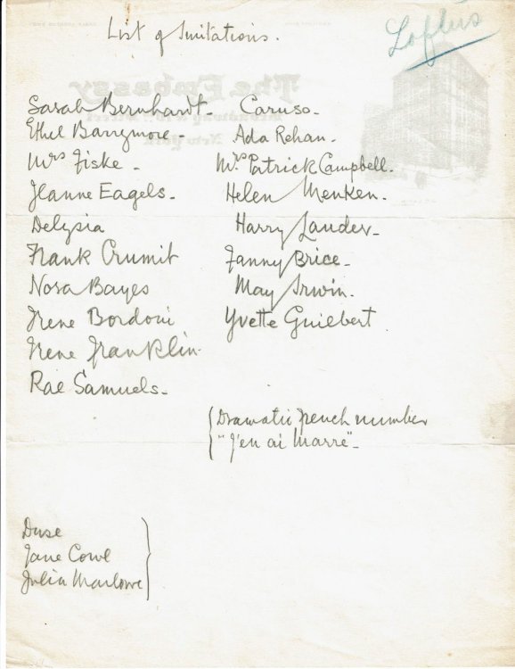 UNSIGNED LIST OF PERFORMERS SHE CAN MIMIC HANDWRITTEN BY SCOTTISH ACTRESS AND VAUDEVILLIAN CECILIA LOFTUS FOR THE POND LECTURE BUREAU.